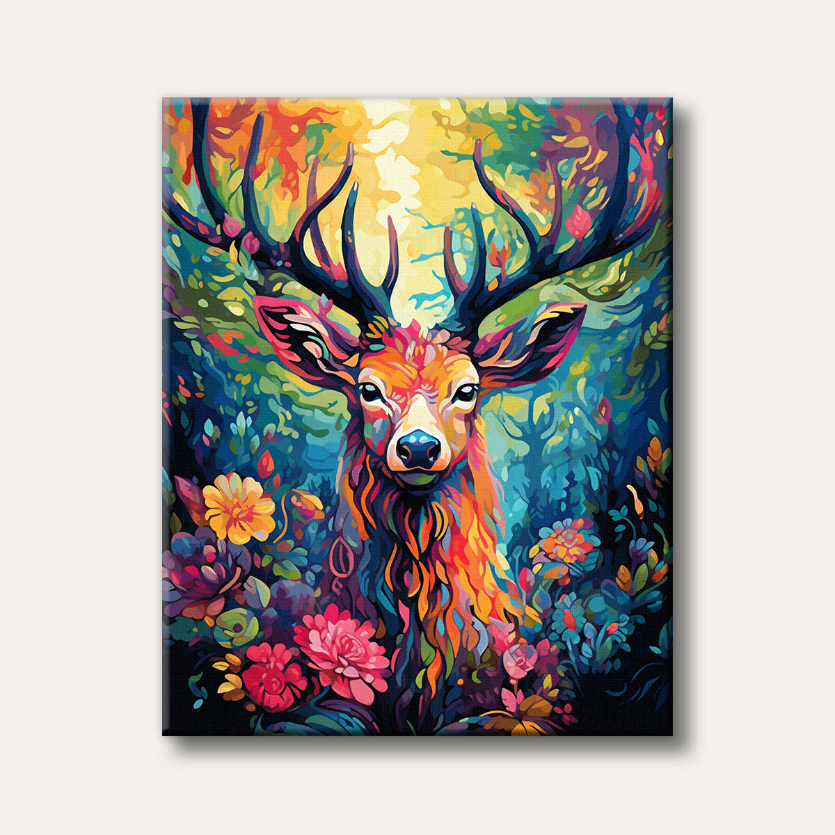 A majestically adorned stag, rendered in a vibrant, abstract, and highly colourful style, stands amidst a lush, dreamlike forest filled with similarly vivid foliage and flowers, bathed in a warm, ethereal glow.