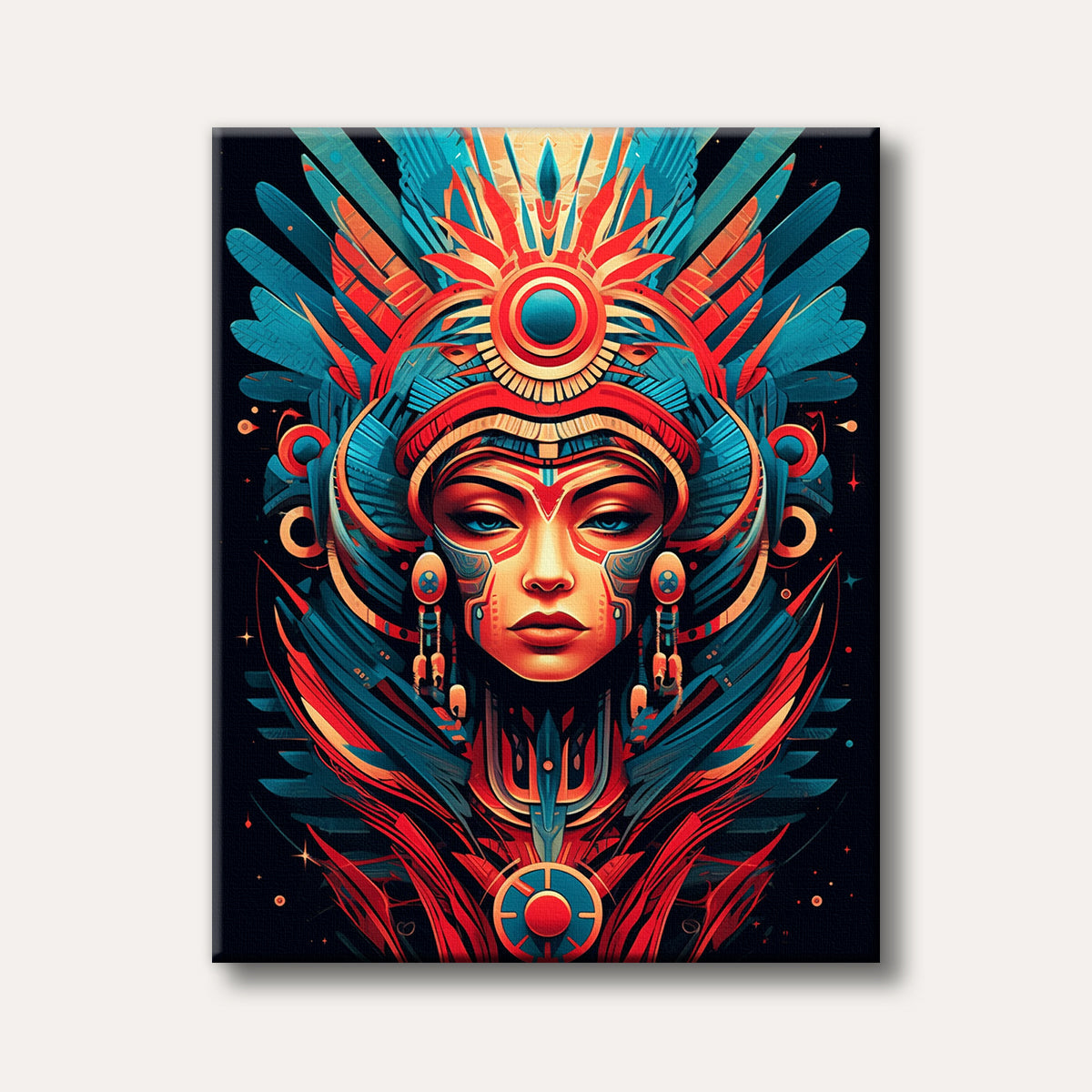 A stylized portrait of a woman in a vibrant, futuristic tribal headdress featuring bold red, teal, and gold geometric patterns on a dark background.