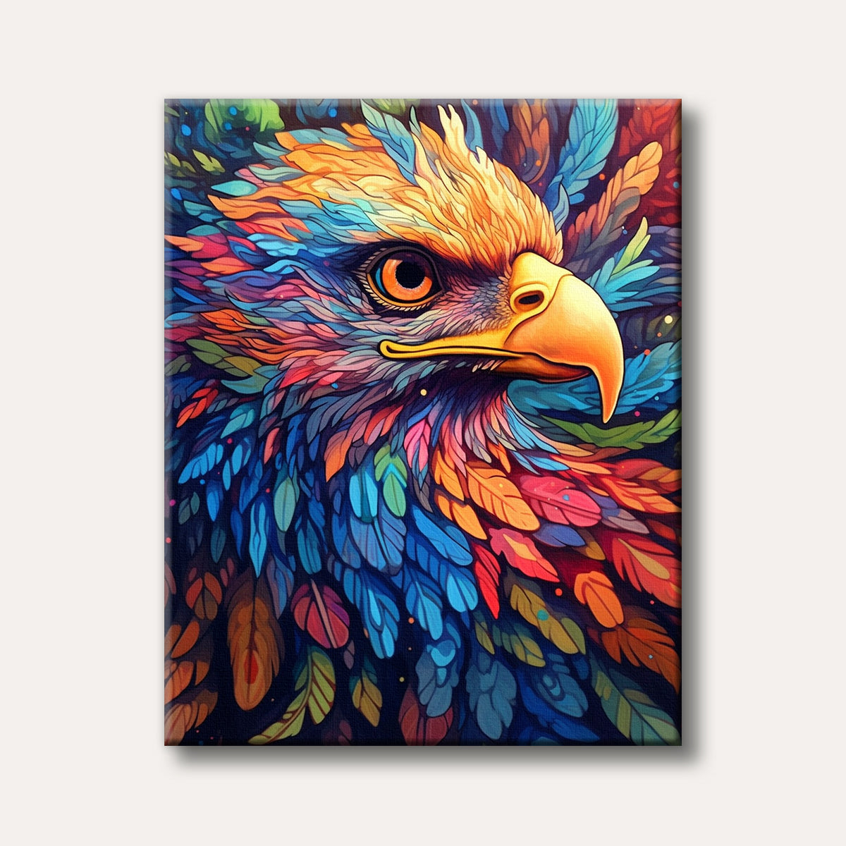 A detailed close-up painting of an eagle's head, featuring an abundance of brightly coloured, mosaic-like feathers in hues of blue, orange, pink, and green, rendered in a vibrant artistic style.