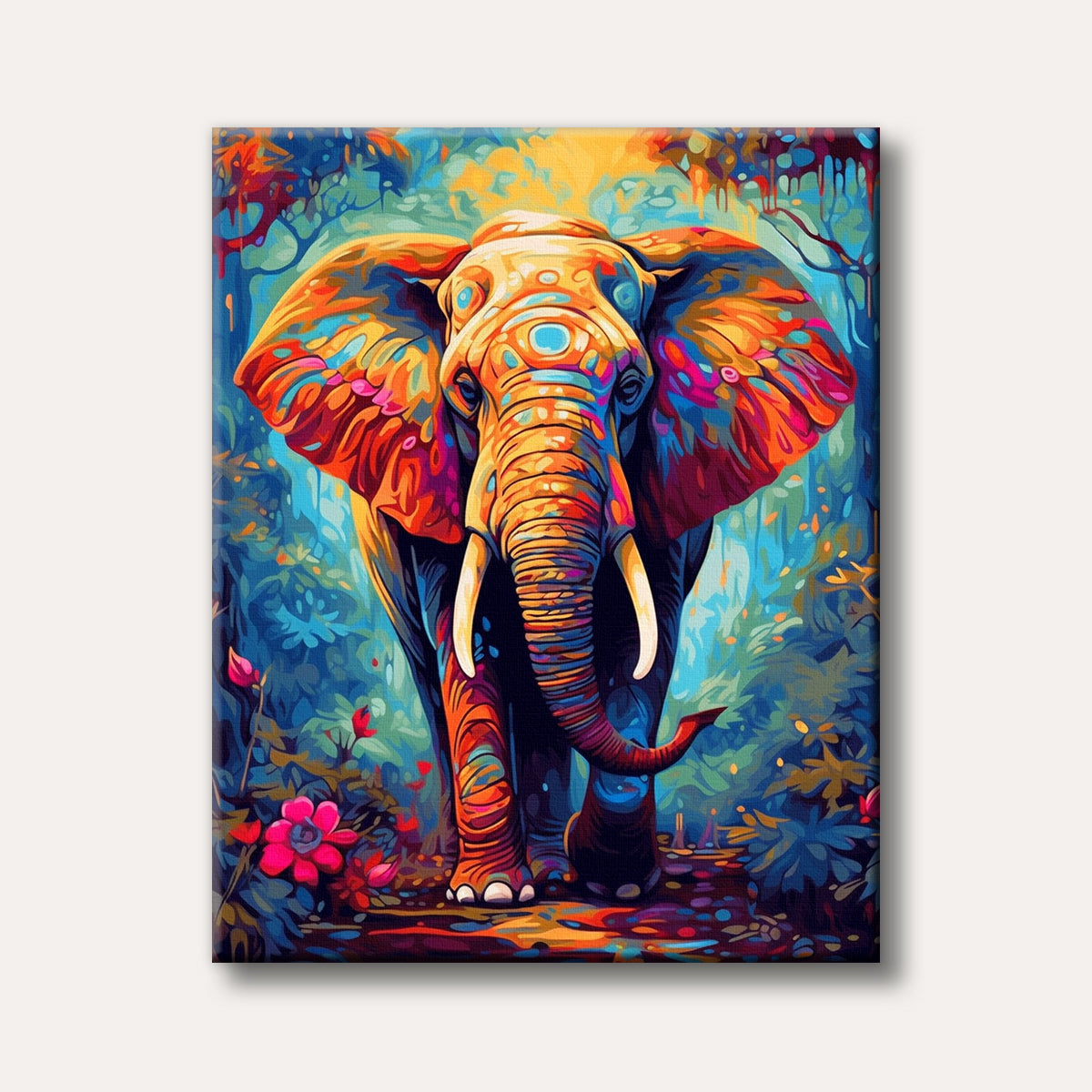 A vibrant, abstract painting of a large elephant with colourful patterns, standing amidst a lush, multi-hued jungle, rendered in a psychedelic art style.