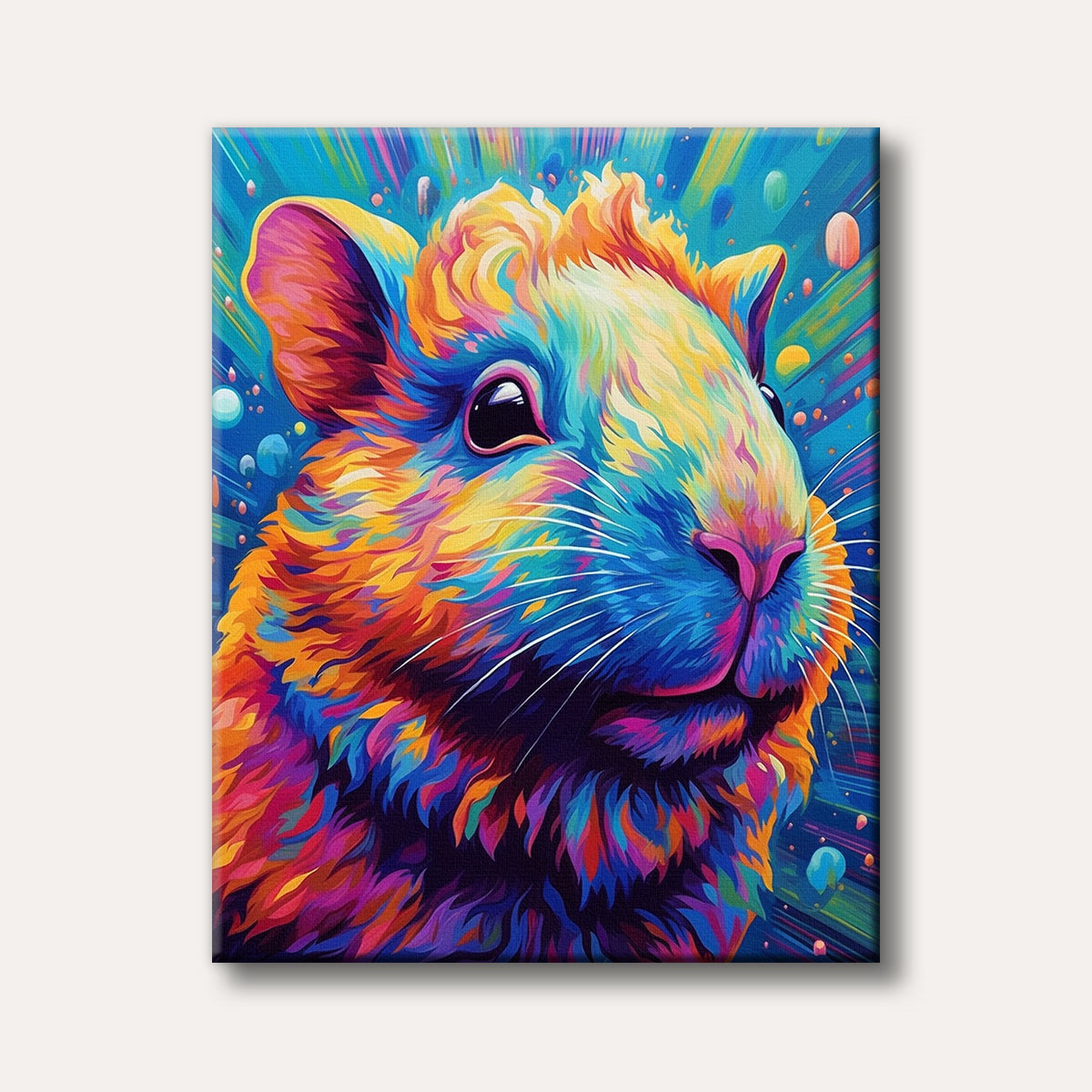 A close-up portrait of a rodent, possibly a guinea pig or hamster, depicted in a highly vibrant, multi-coloured pop art style with radiating abstract patterns in the background, conveying a cheerful and energetic mood.