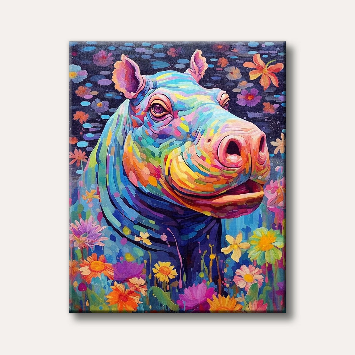 A brightly coloured, abstract painting of a hippo with a mosaic of blue, green, pink, and yellow hues, surrounded by vivid floral patterns.