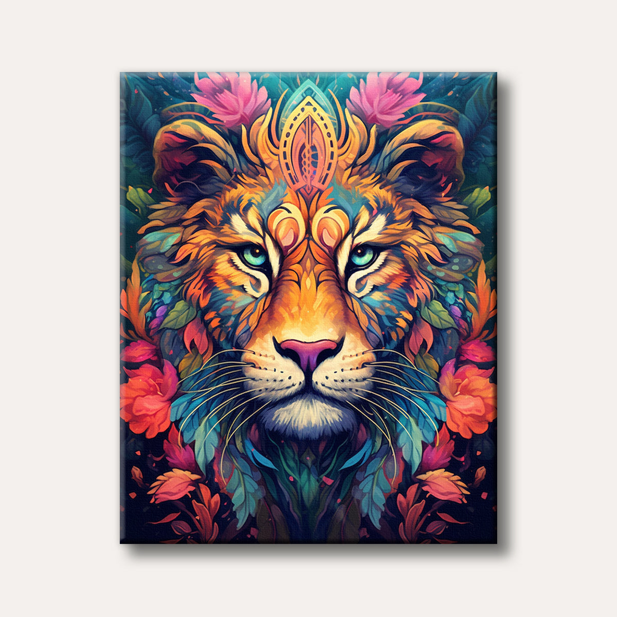 A highly stylized and vibrant portrait of a lion's face, featuring intricate patterns, bright multi-coloured fur, and surrounding lush floral elements in an artistic, psychedelic style.