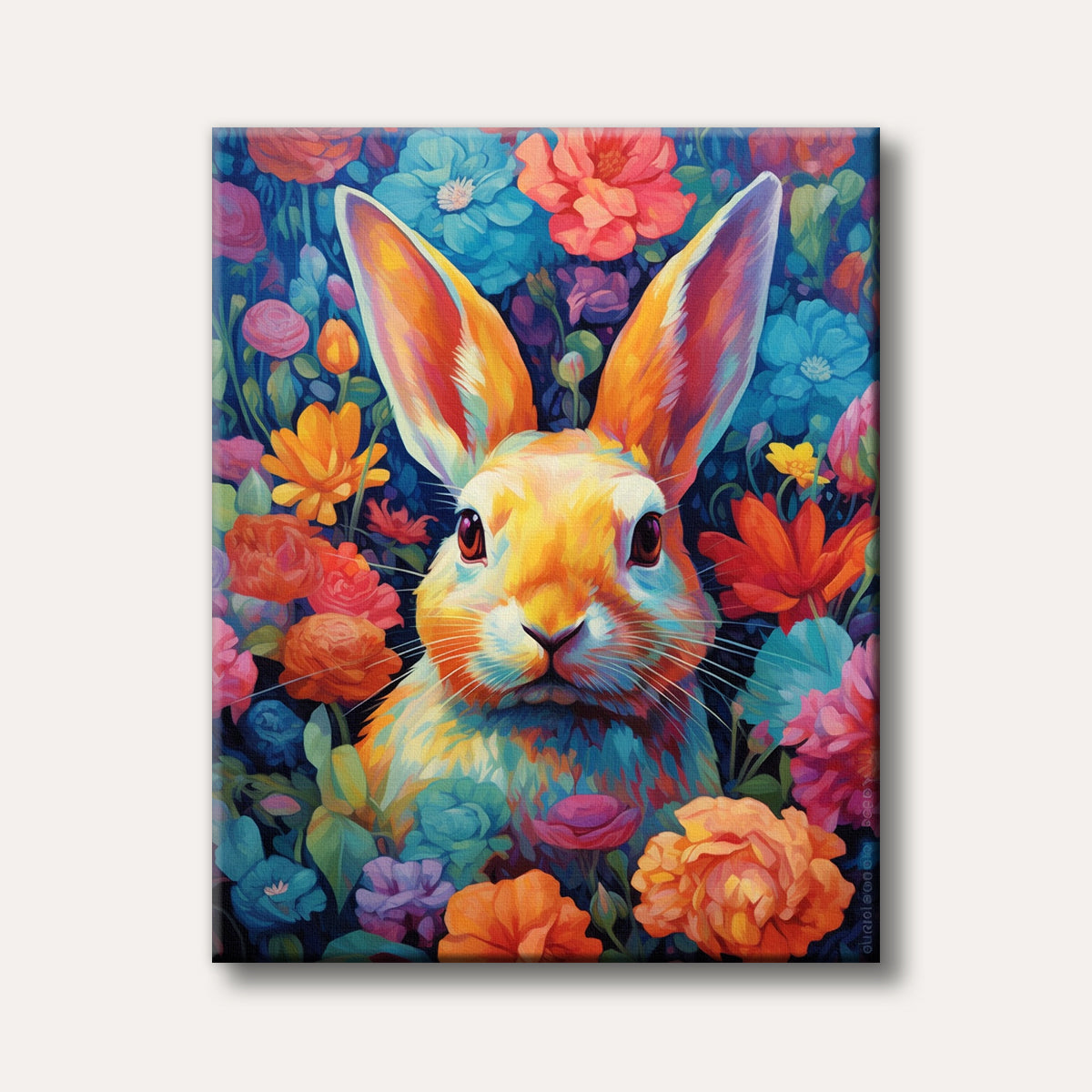 A vibrantly coloured rabbit with large ears emerges from a dense, colourful garden of various flowers, depicted in a bright and stylized artistic manner.