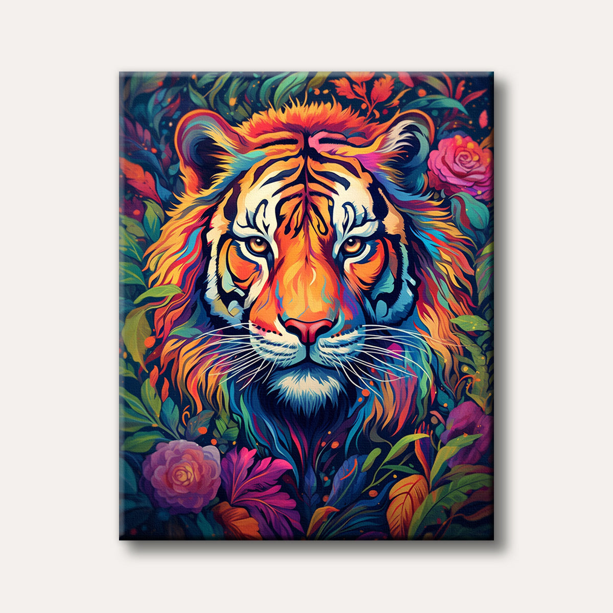 A close-up, vibrant painting of a tiger's face, surrounded by colourful jungle foliage and flowers, depicted in a highly stylized, expressive art style.