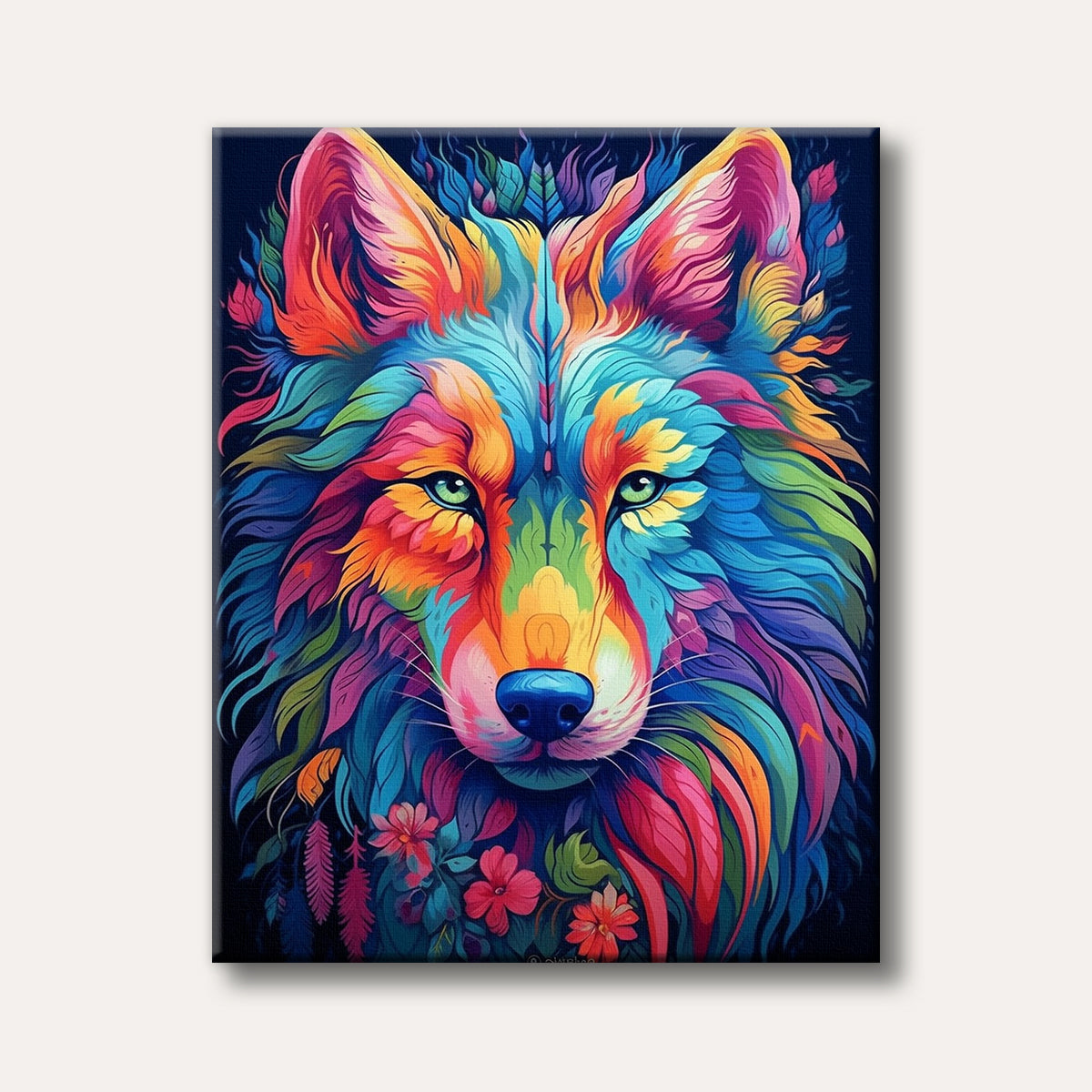 A close-up portrait of a wolf's head created with an explosion of vibrant, multicoloured fur in a unique artistic style.