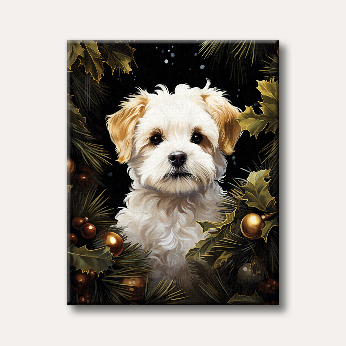 A fluffy white and tan dog portrait, framed by lush dark green Christmas pine branches, holly, and golden ornaments, in a warm painterly style.