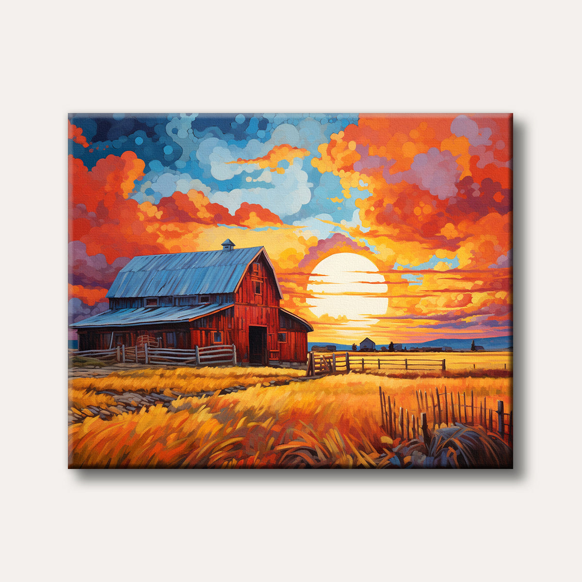 A vibrant impressionistic painting of a red barn in a golden field under a dramatic orange and blue sunset sky with a large glowing sun.