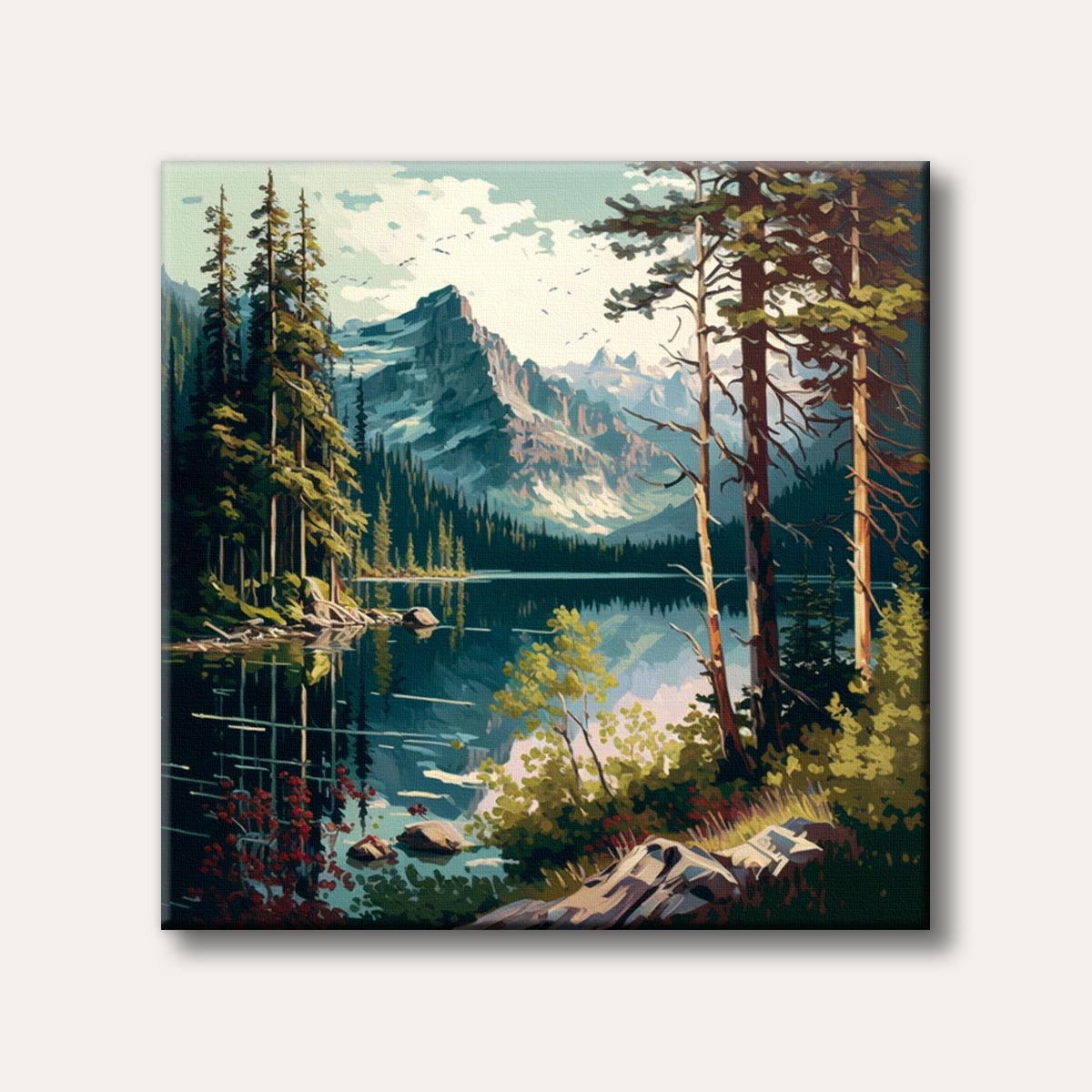 A serene painting of a clear mountain lake reflecting tall evergreen trees and jagged peaks under a bright sky, rendered in a stylized, natural art.