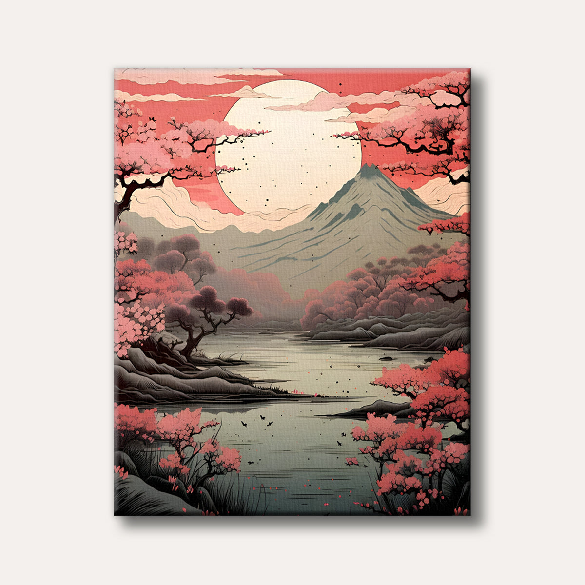 A stylized landscape depicting a large, pale full moon or sun setting behind mountains, surrounded by abundant pink cherry blossoms along a tranquil lake, rendered in a Japanese Ukiyo-e inspired graphic art style.