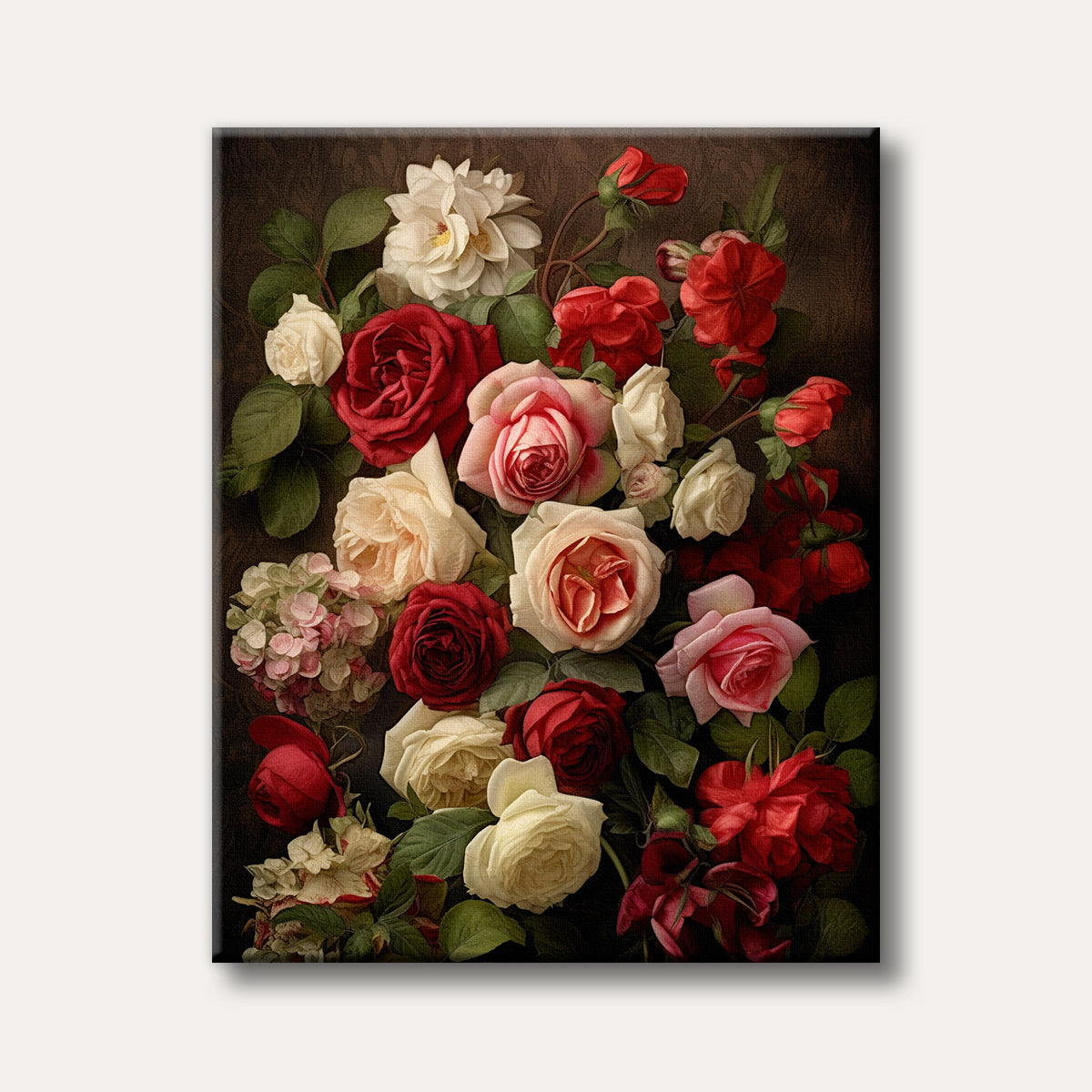 A vibrant, classic still life painting featuring a lush bouquet of red, pink, and cream roses on a dark background, evoking a rich and elegant mood.