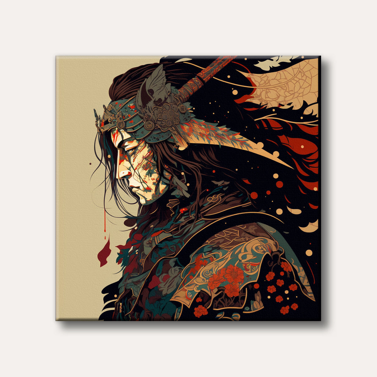 A stylized graphic art portrait of a dark-haired warrior figure in profile, featuring ornate headwear, tribal patterns, and striking crimson accents against a dark and beige background, conveying a mysterious and intense mood.