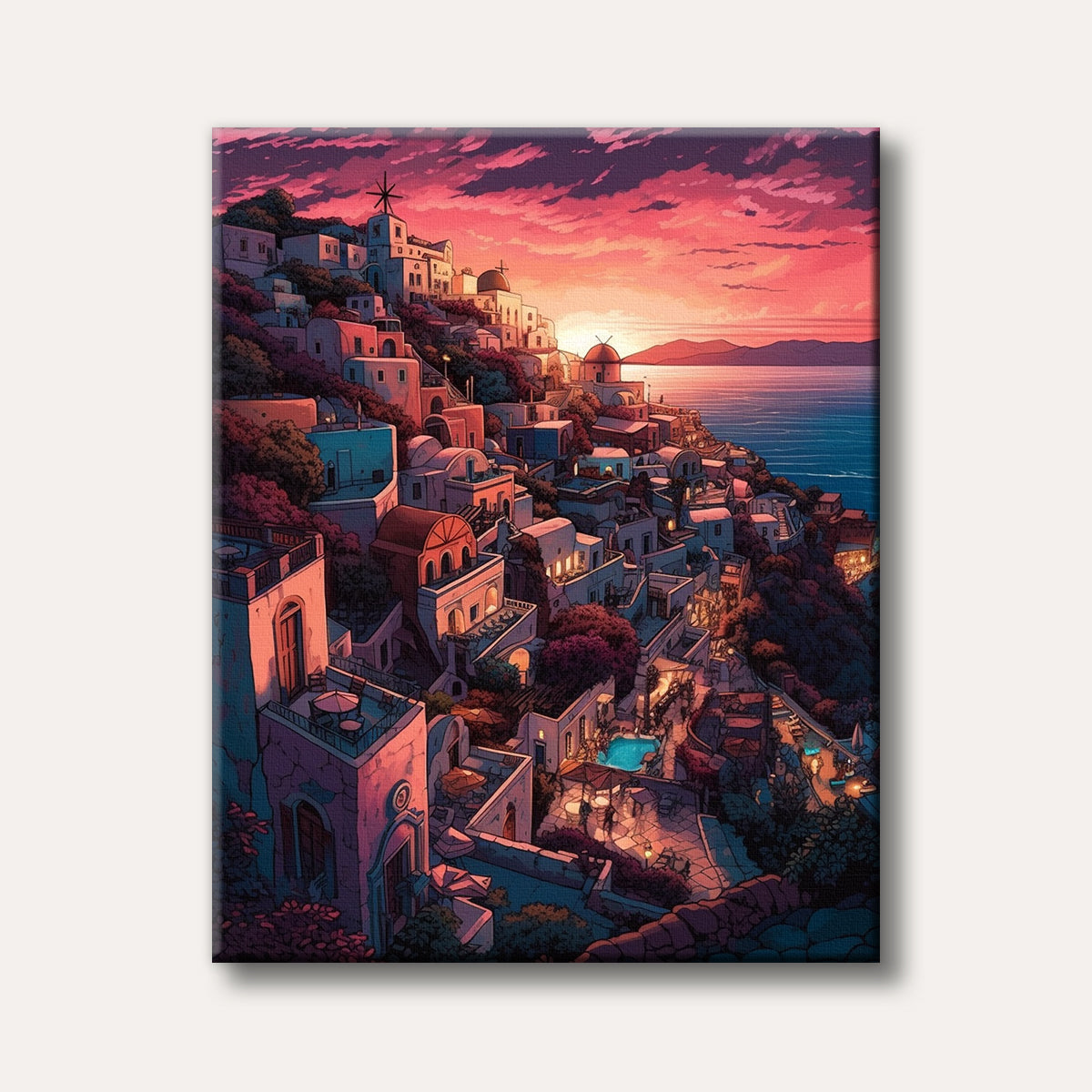 A vibrant illustration of a white-washed cliffside village under a dramatic pink and purple sunset sky, overlooking the blue sea, in a stylized, picturesque manner.