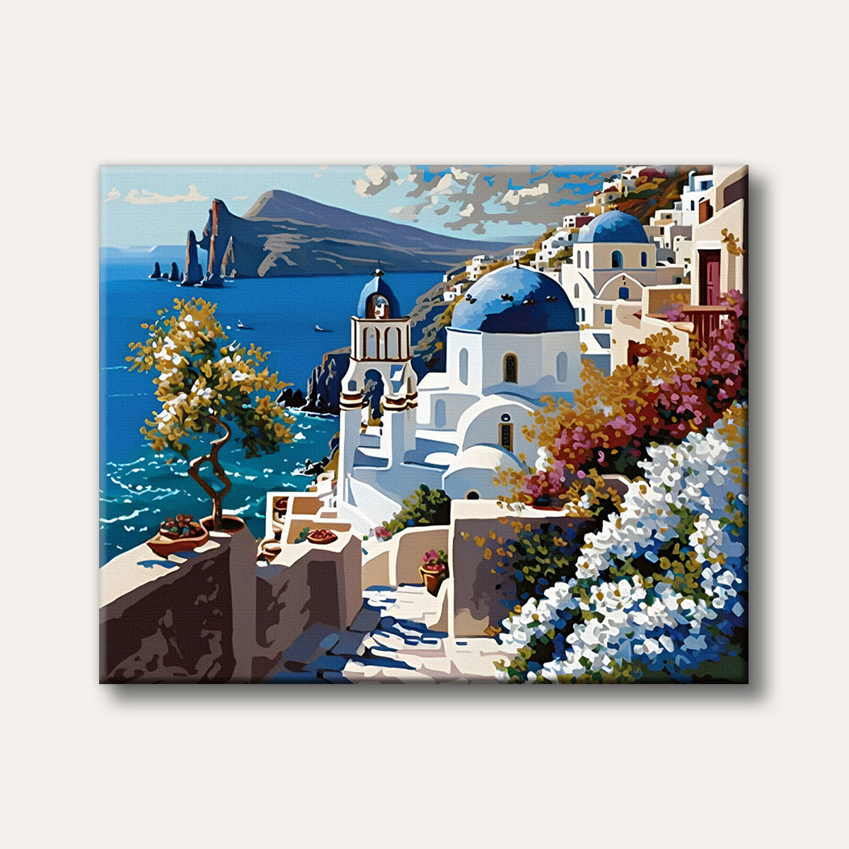 A vibrant illustration of Santorini, Greece, featuring white buildings with blue domes, colourful bougainvillea, and the deep blue Aegean Sea with distant islands, painted in a bright, stylized manner.