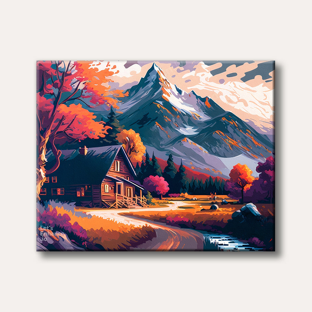 A vibrant digital painting of a cozy wooden cabin in an autumn mountain landscape with colourful trees, a winding path, and a majestic snow-capped peak under a dynamic sky, evoking a peaceful mood.