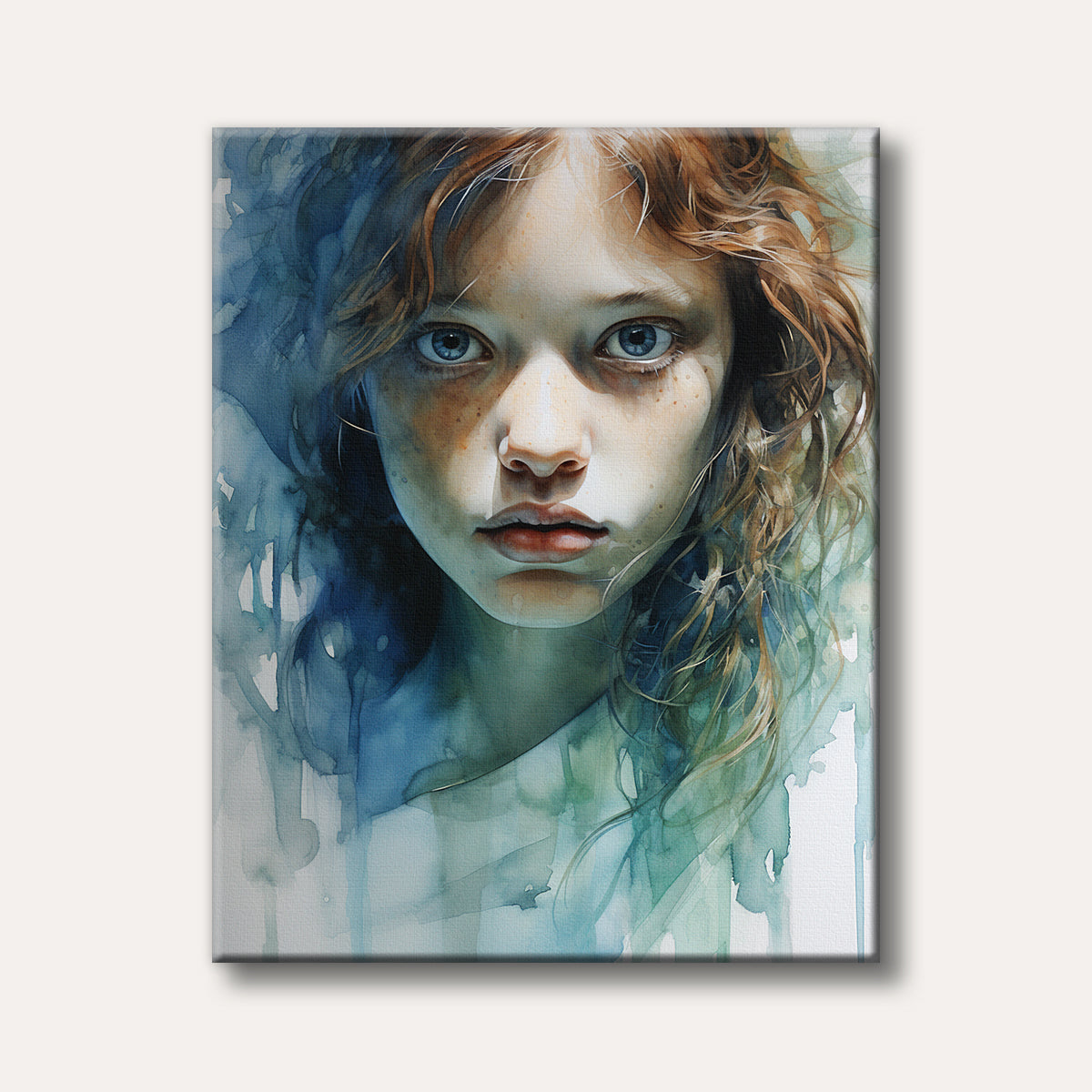 A watercolour painting featuring a close-up portrait of a young girl with red-brown hair, blue eyes, and freckles, depicted with soft blue and green washes in the background, conveying a pensive mood.