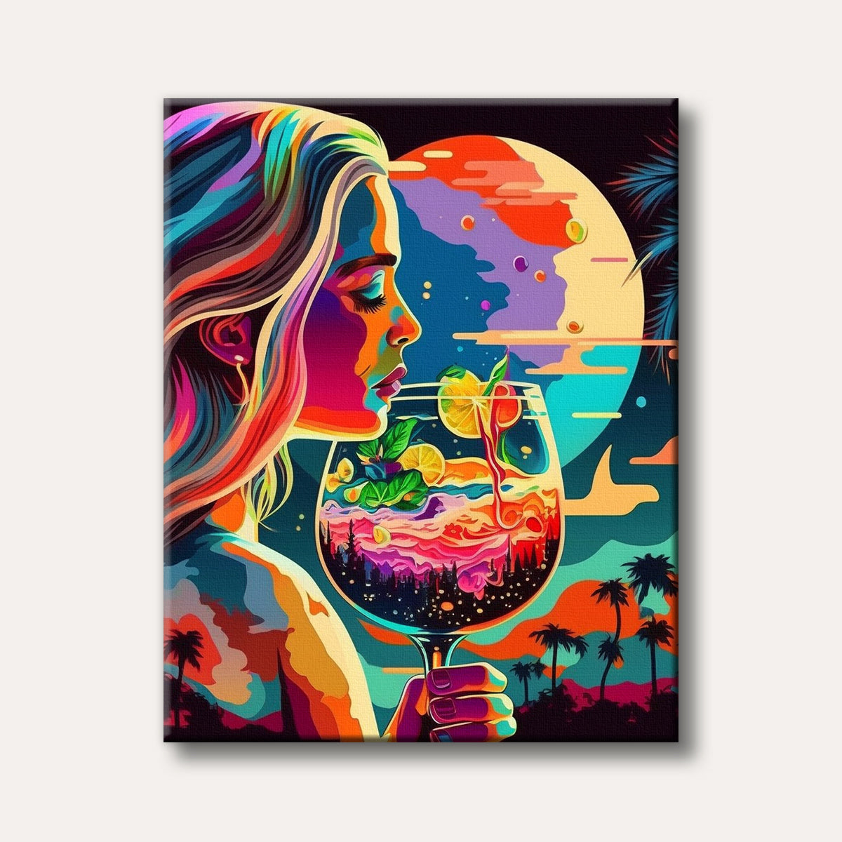 A vibrantly coloured pop art illustration of a woman holding a large cocktail glass, depicting a stylized cityscape and abstract sky with palm trees and a celestial body.
