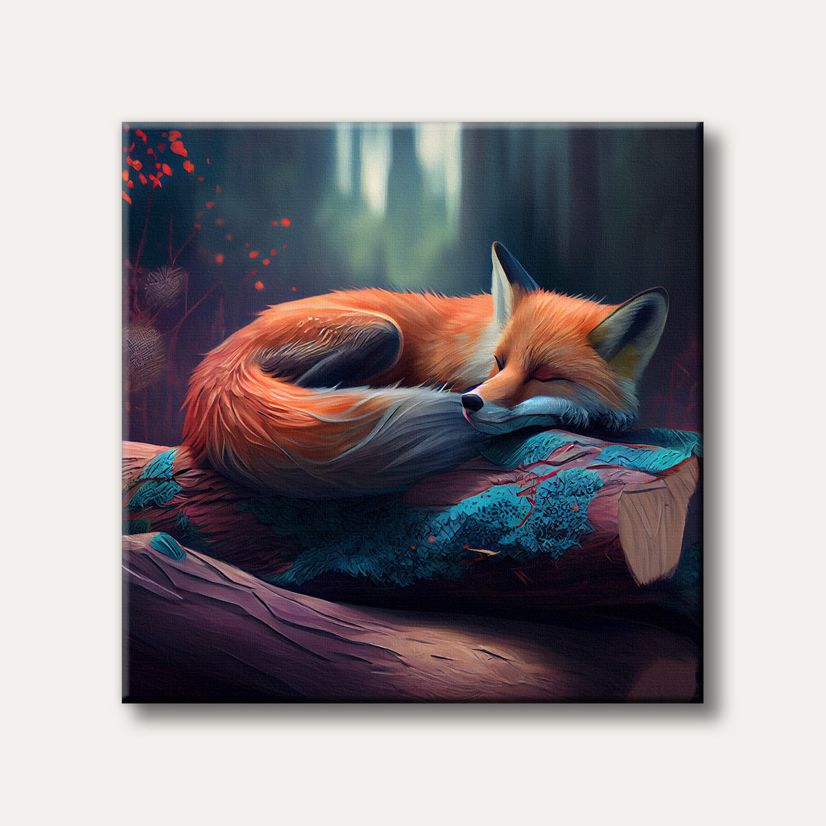 A vibrant orange fox with white and black markings is curled up asleep on a teal moss-covered log in a dark, mystical forest, rendered in a painterly style.