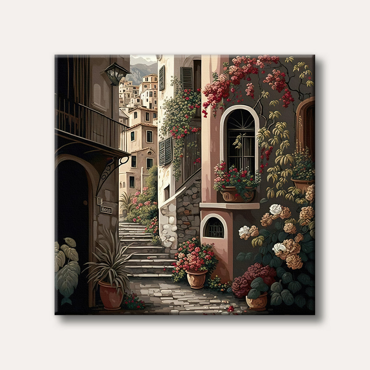 A picturesque narrow street in a European village adorned with vibrant flowering plants and historic buildings, rendered in a detailed, charming painting style.
