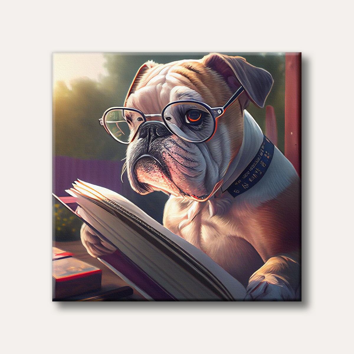 A charming bulldog wearing spectacles, deeply engrossed in reading a book outdoors, rendered in a detailed and expressive painterly style.