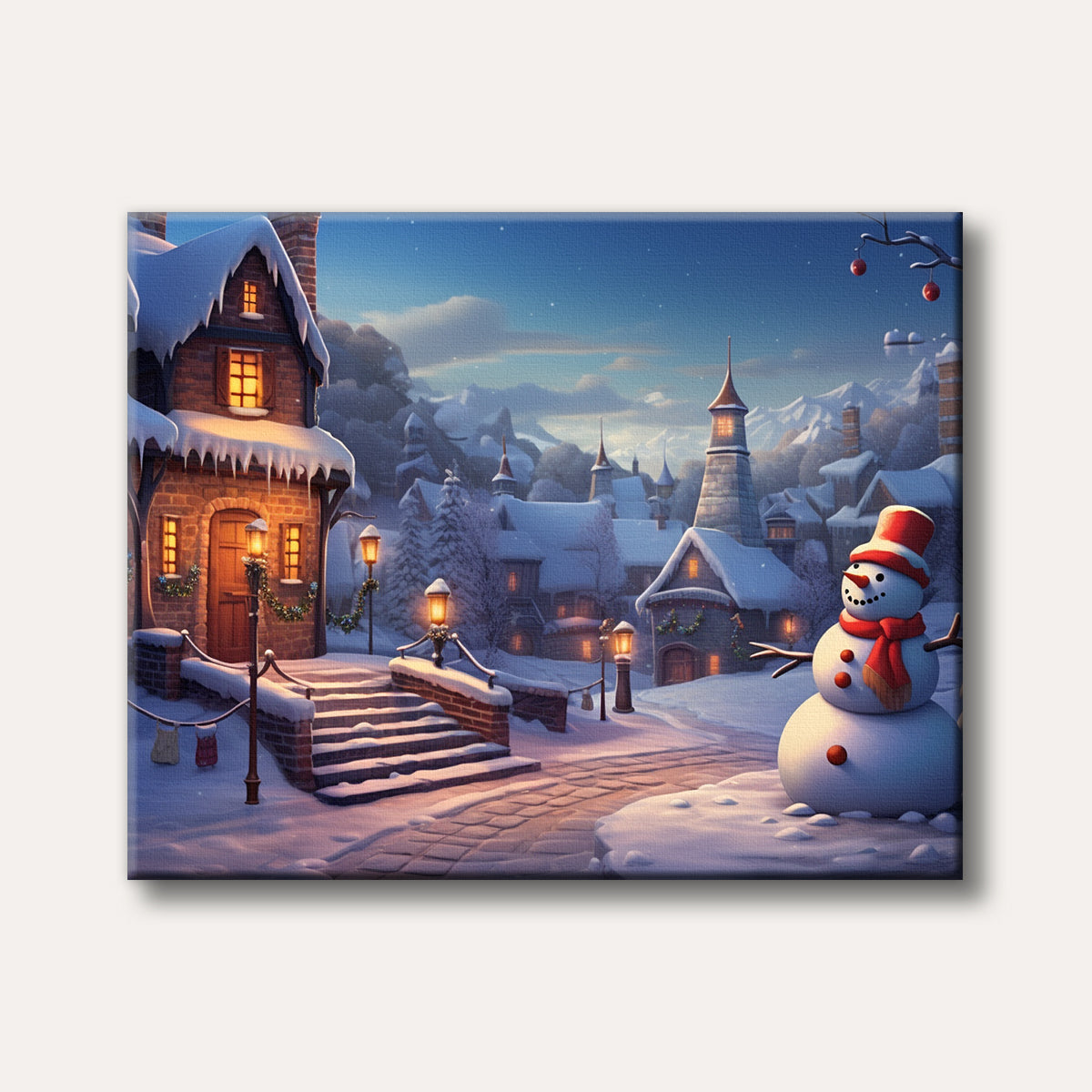 An enchanting illustrative painting of a cozy snow-covered village at twilight, featuring a friendly snowman, glowing houses, and twinkling lights.