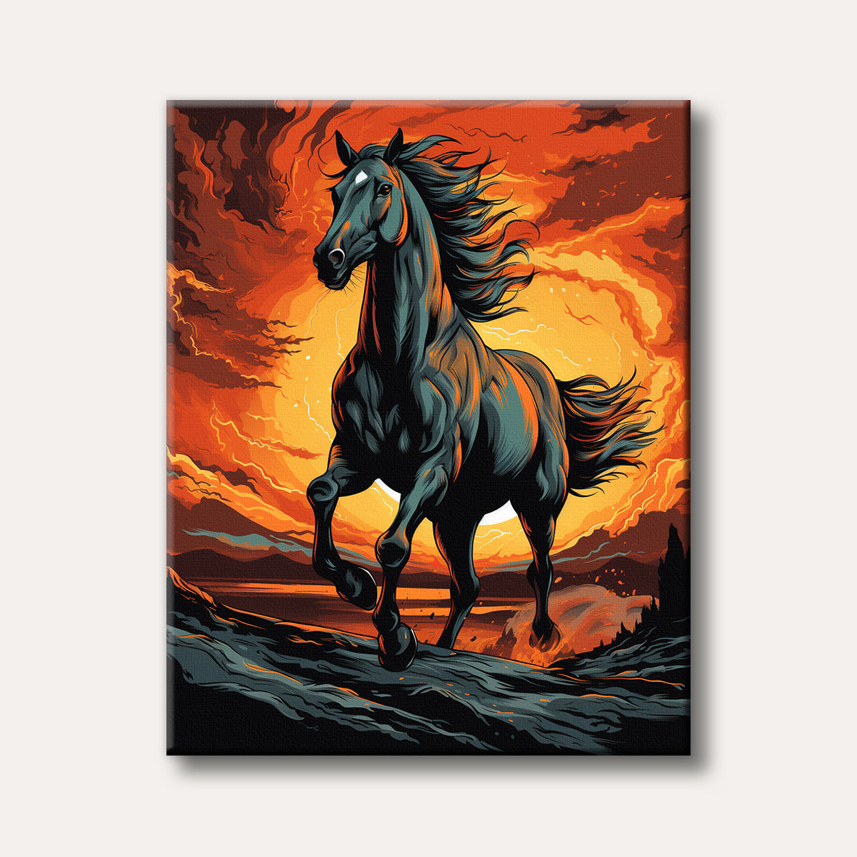 A powerful, dark horse with a flowing mane gallops across a dark, stylized landscape under a dramatic, fiery orange and red sky.