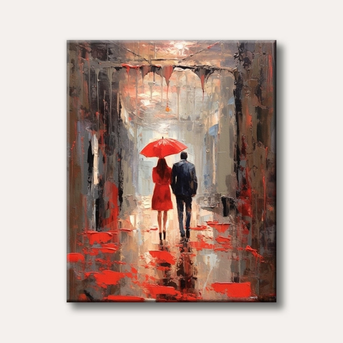 A couple walks under a bright red umbrella on a rainy, textured street, painted in an expressive, impasto style with bold red accents.