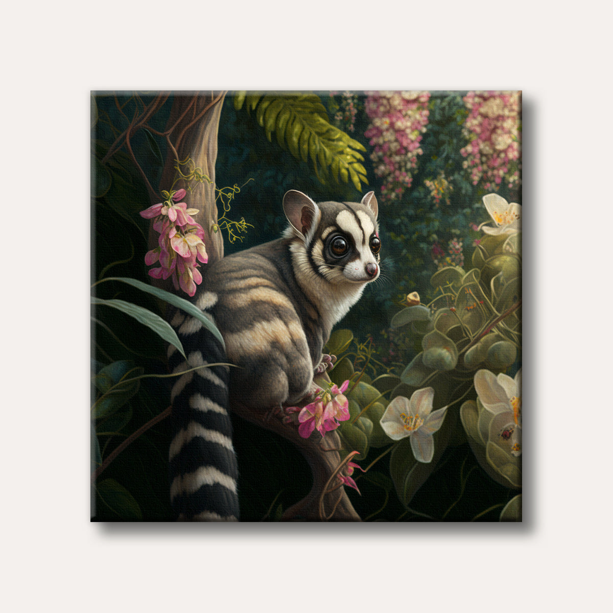 A captivating painting of a wide-eyed, striped-tailed lemur-like creature sitting on a branch in a vibrant, lush tropical forest with pink and white flowers, rendered in a detailed, realistic style.