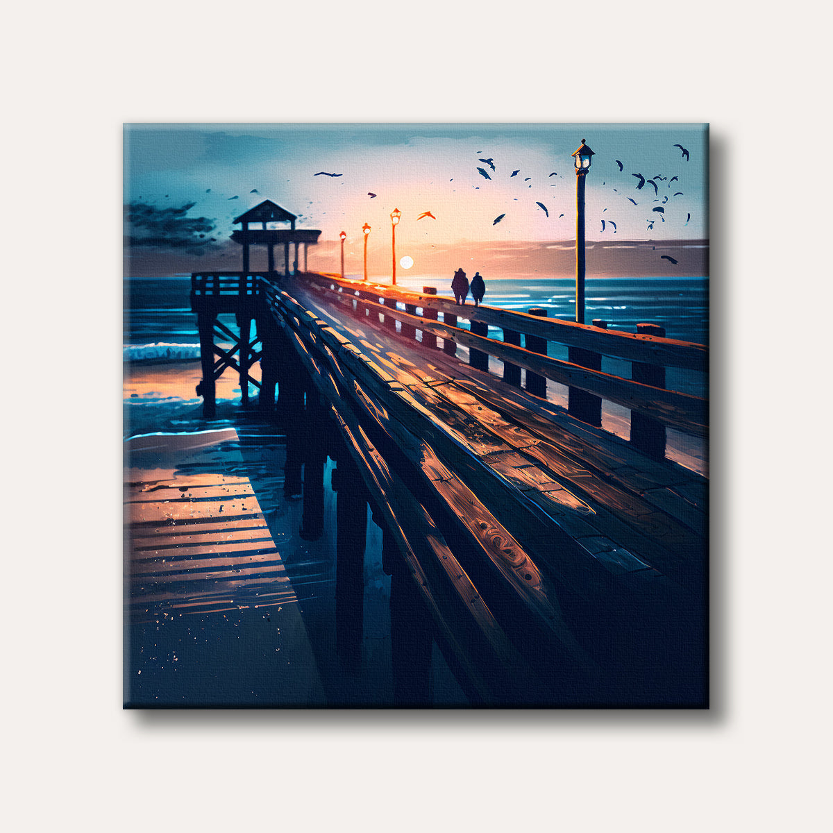 A vibrant painting of a long wooden pier at sunset, with two figures walking towards the horizon under a fiery sky with flying birds, rendered in a dynamic, stylized manner.