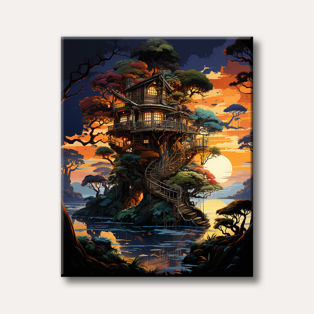 A magical multi-story treehouse on an island surrounded by water, illuminated by a vibrant orange and blue sunset, depicted in a whimsical, illustrative style.