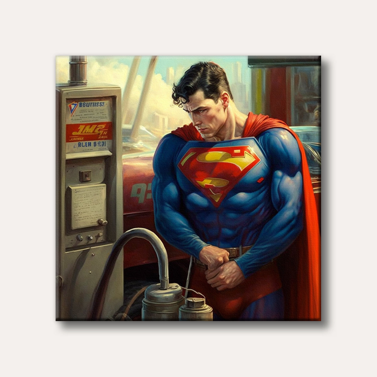 A thoughtful Superman in his classic blue and red suit stands by a gas pump, depicted in a detailed, illustrative style with vibrant colours.