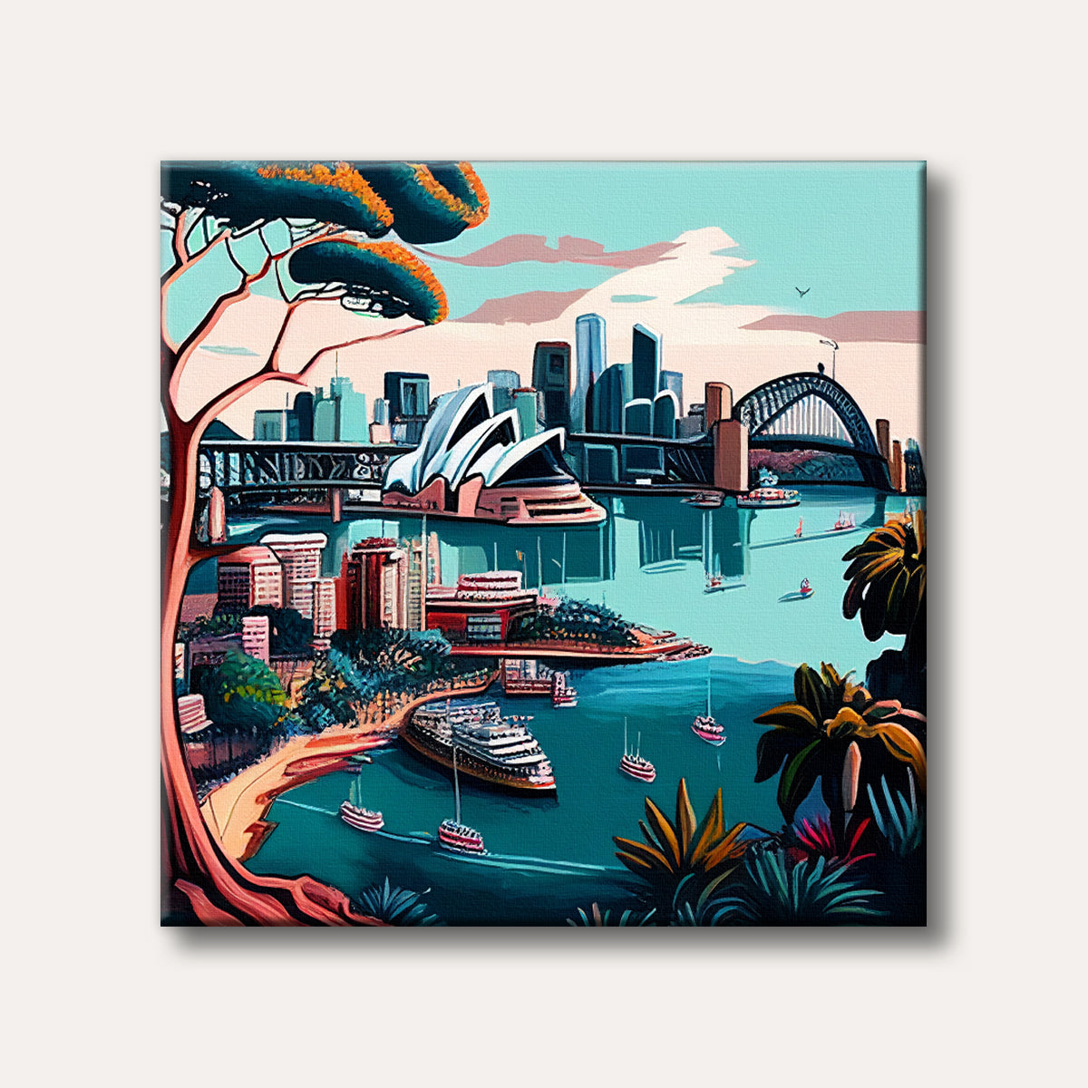 A vibrant, stylized painting of Sydney Harbour, showcasing the iconic Opera House, Harbour Bridge, and city skyline with boats on the water and a distinctive tree in the foreground.