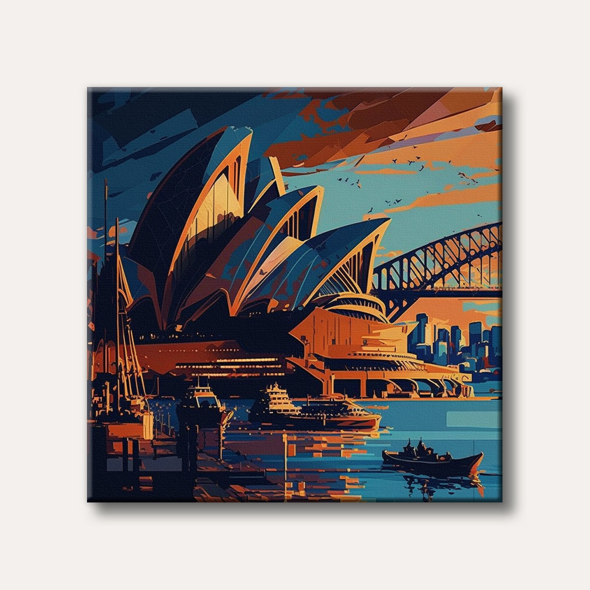 A vibrant, stylized painting of the Sydney Opera House and Harbour Bridge at sunset, featuring boats on the water and an orange and blue colour palette.