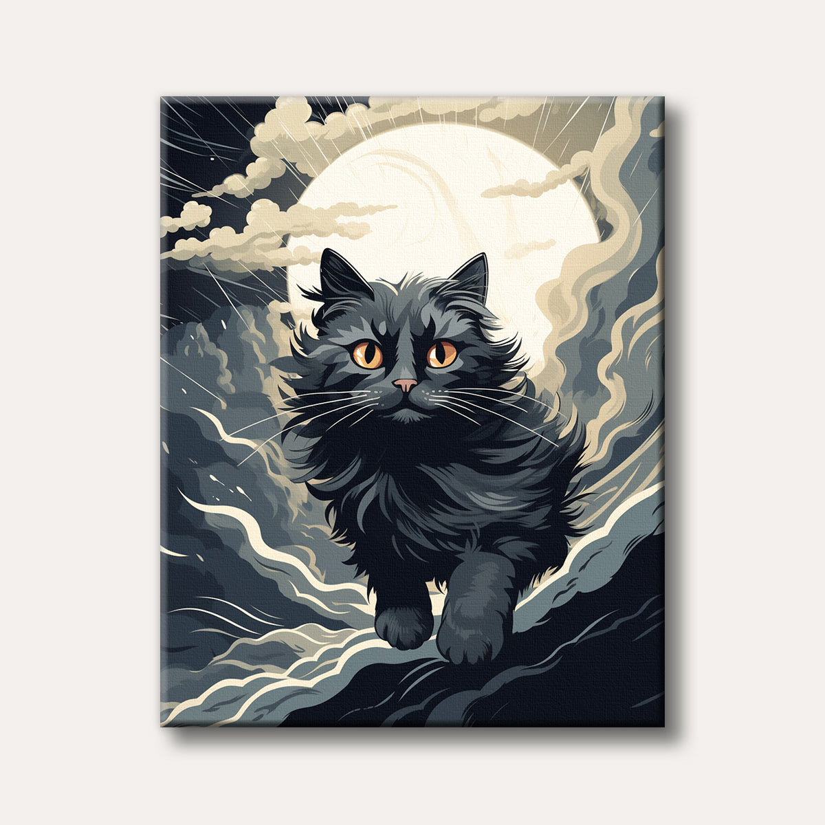 A majestic black cat with striking orange eyes sits prominently against a large full moon, surrounded by stylized dark and light clouds, rendered in a graphic, illustrative style.