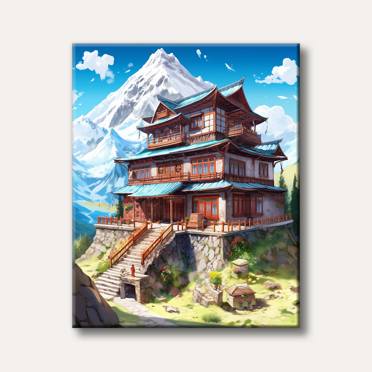 A detailed painting of an elaborate traditional Asian-style monastery or temple perched on a mountain, with grand snow-capped peaks rising in the background under a bright blue sky.