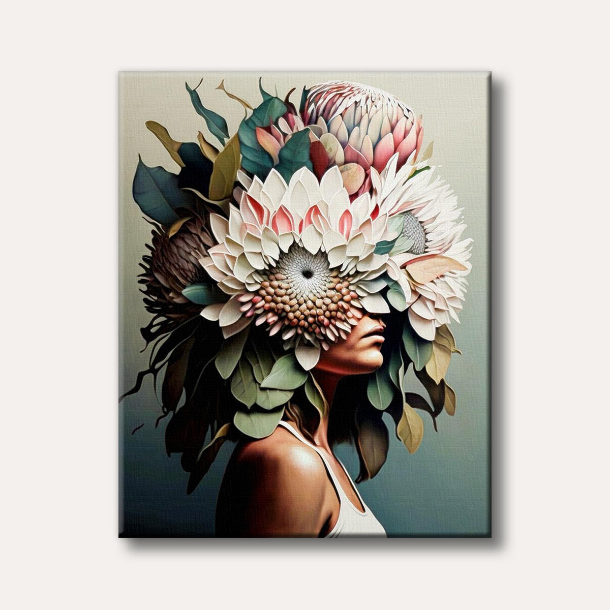 A stylized portrait of a woman whose head is intricately adorned with a large, elaborate arrangement of realistic flowers and leaves, painted with a serene and ethereal mood.