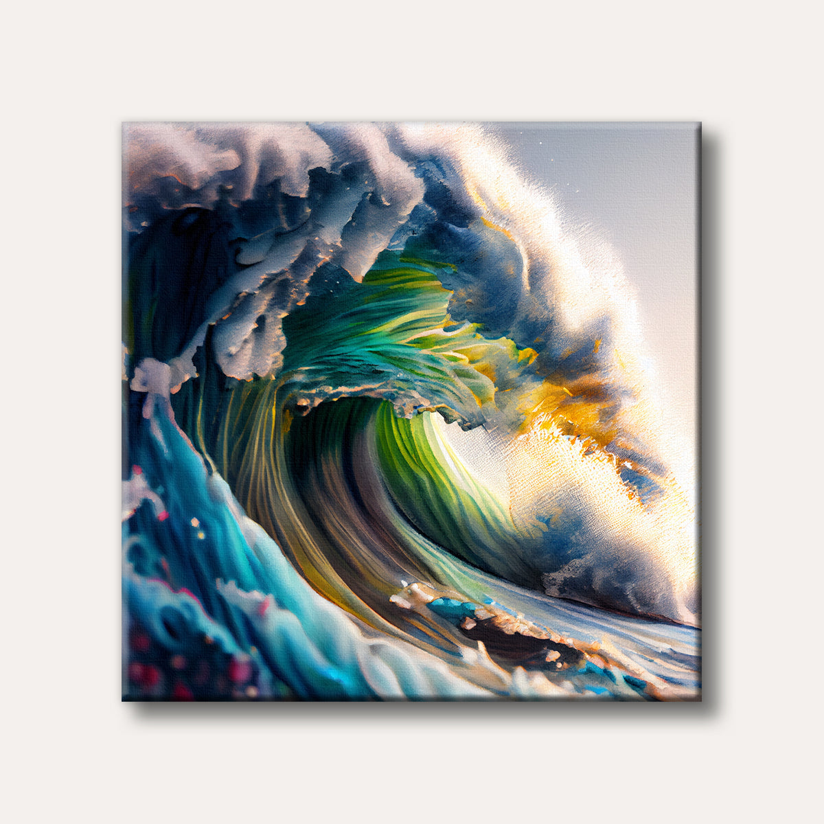 A vibrant and dramatic ocean wave painting, featuring luminous yellow and white foam against deep blues and greens, rendered in an expressive, textured style.