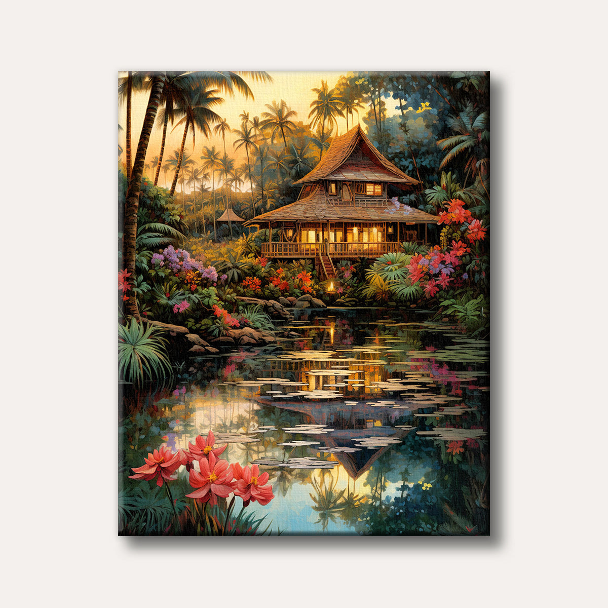 A vibrant painting of a tropical villa nestled among lush palm trees and colourful flowers, with its illuminated facade reflecting serenely in the tranquil water at dusk.