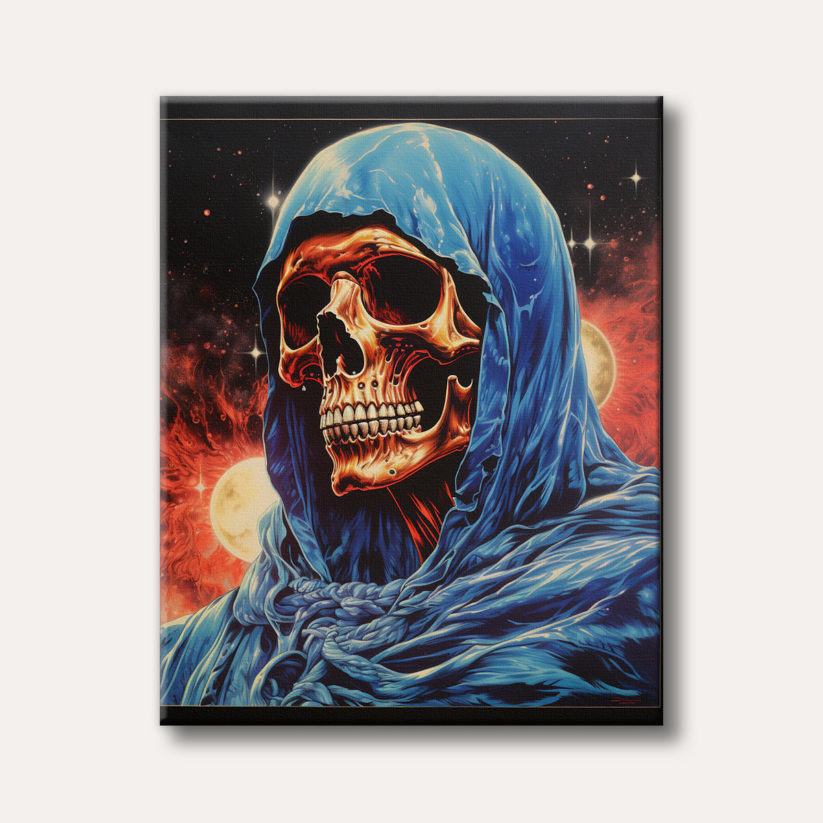 A striking illustration of a skeletal figure cloaked in blue robes, set against a fiery red cosmic background with stars and moons, depicted in a dark fantasy style.