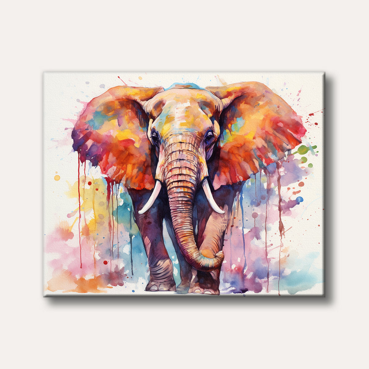 A vibrant watercolour painting of an elephant with colourful splatters and drips across its body, depicted in a front-facing, majestic pose.