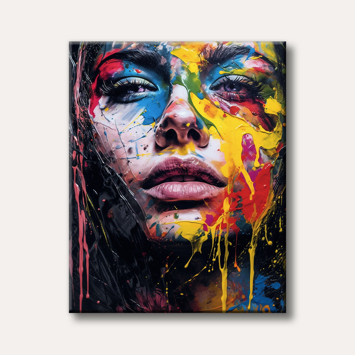 A close-up portrait of a woman's face, adorned with vibrant, dripping paint splatters in red, yellow, blue, and pink, rendered in a dynamic, expressive style.