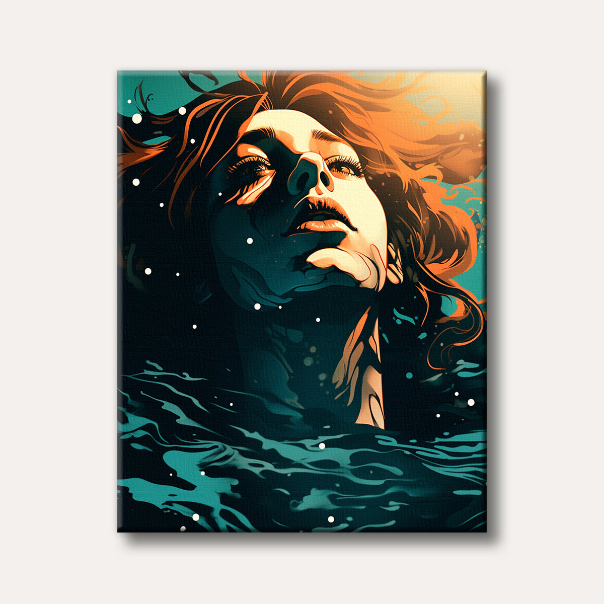 A stylized portrait of a woman rising from dark teal water, looking upwards into bright orange light, depicted with dramatic contrasts.