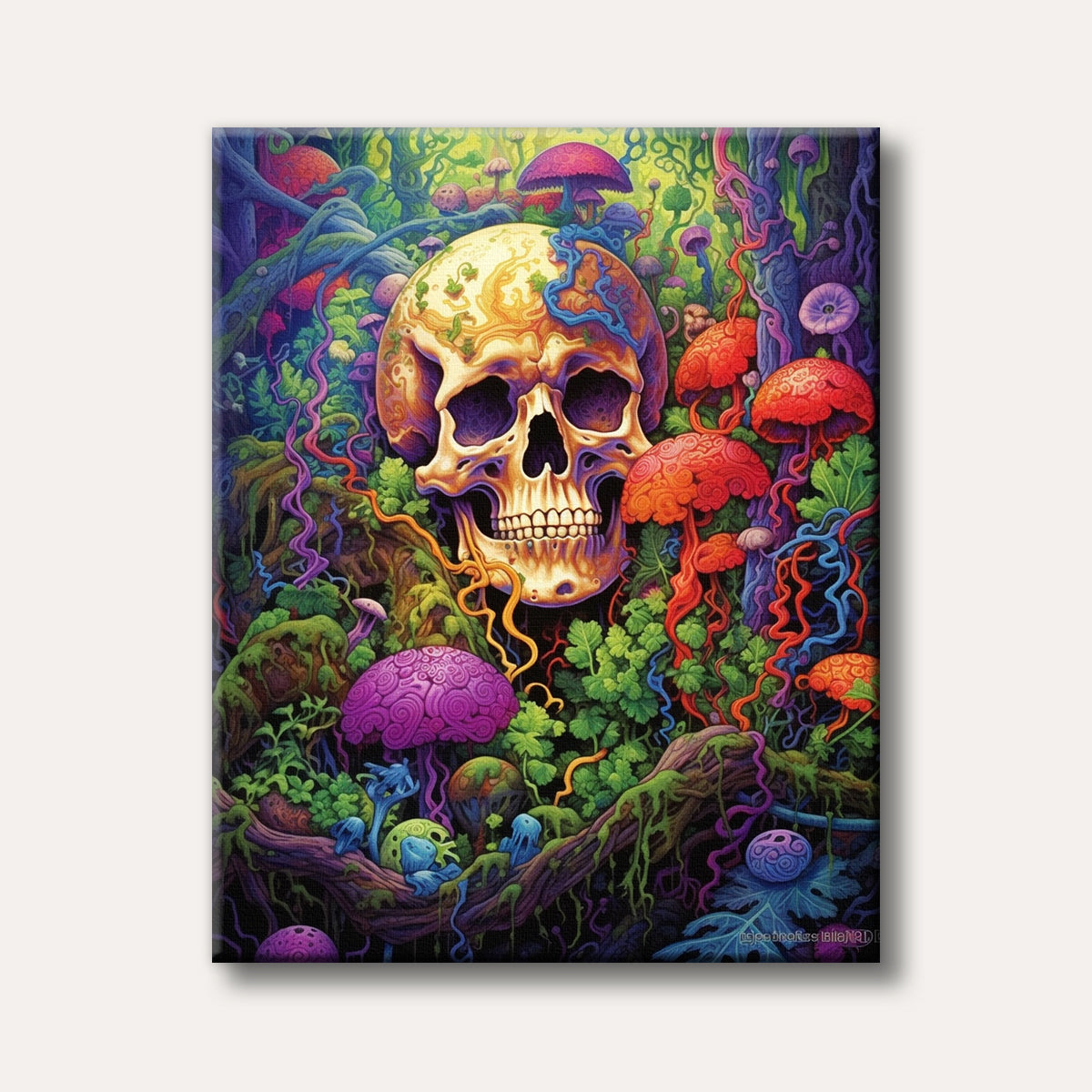 A surreal image featuring a large, ornate skull enveloped by a vibrant, psychedelic forest of glowing mushrooms and twisting, colourful vines, rendered in a highly detailed fantasy art style.
