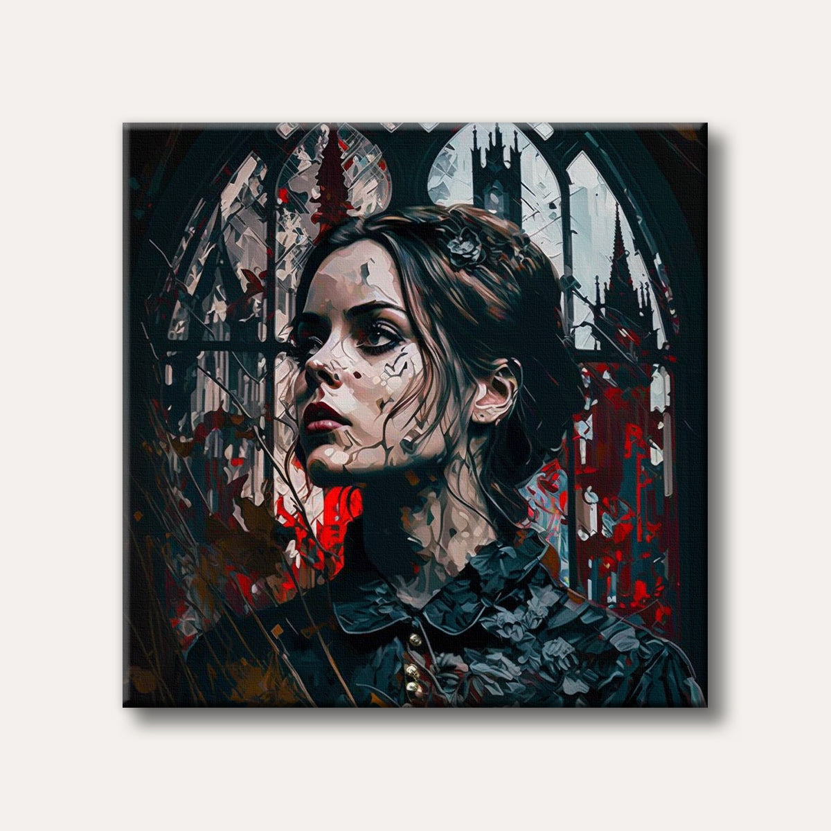 A haunting portrait of a woman with ornate facial patterns, set against a vibrant, fragmented gothic stained glass window in a dark, mysterious style.