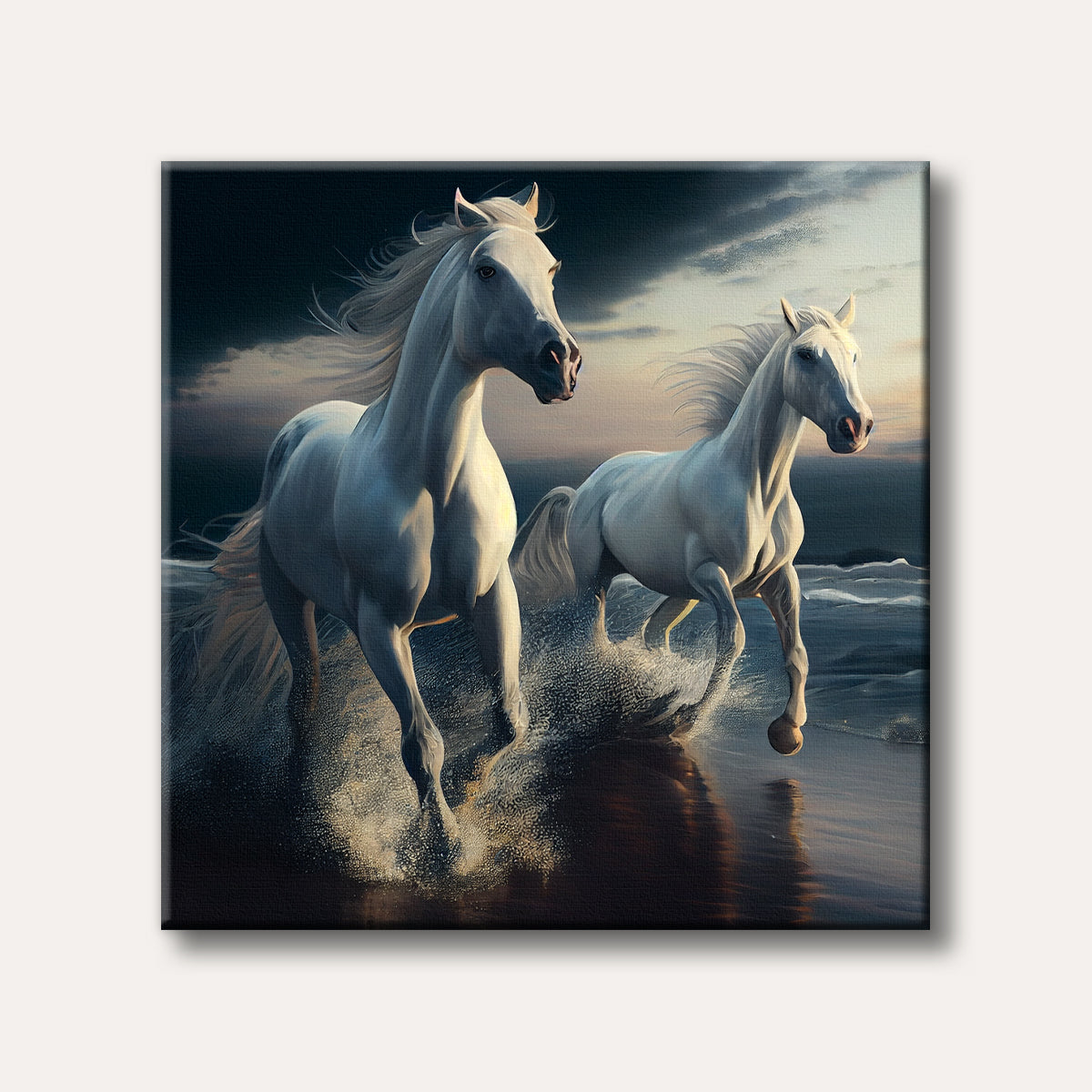 Two majestic white horses with flowing manes gallop through shallow ocean water under a dramatic twilight sky, rendered in a realistic painting style.