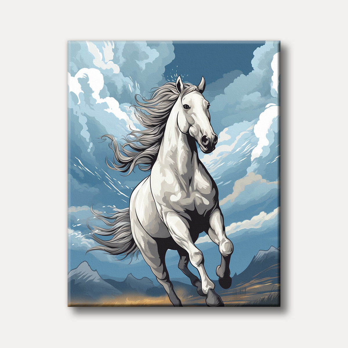 A powerful white horse with a flowing mane gallops through a mountainous landscape under a dynamic, cloudy sky, depicted in a vibrant, illustrative style.