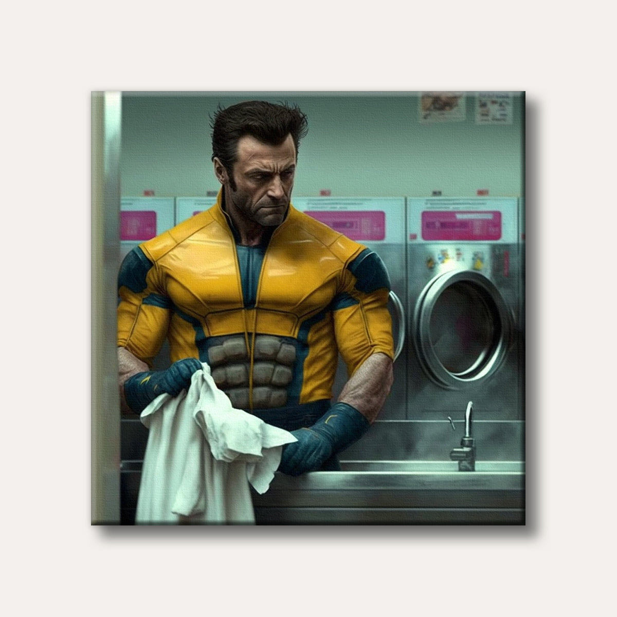 An illustration of Wolverine, wearing his classic yellow and blue suit, standing in a laundromat and holding a white cloth, depicted in a realistic, humorous style.