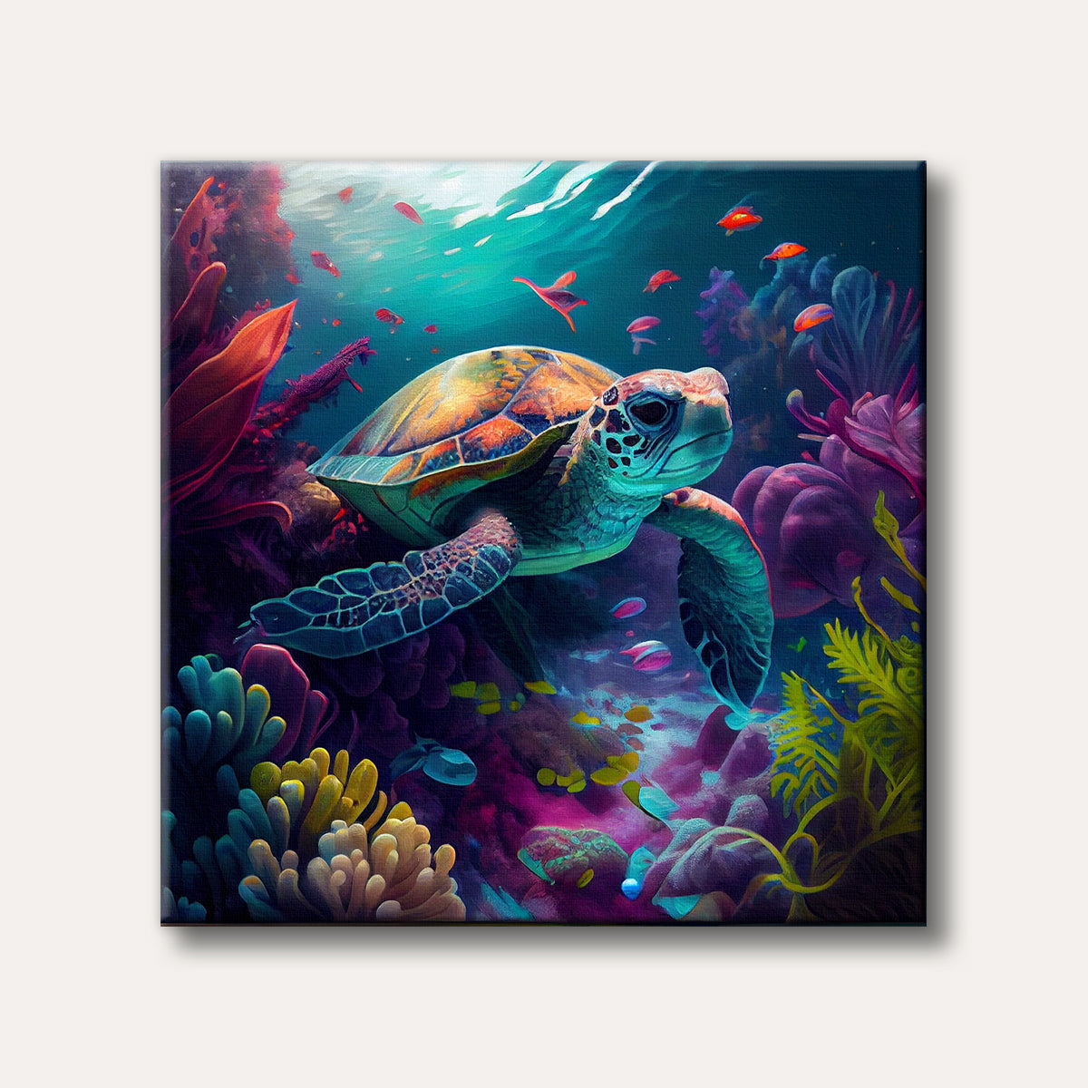 A colourful sea turtle swims gracefully through a vibrant underwater coral reef, illuminated by light filtering from above, depicted in a painterly style with bright, high-contrast colours.