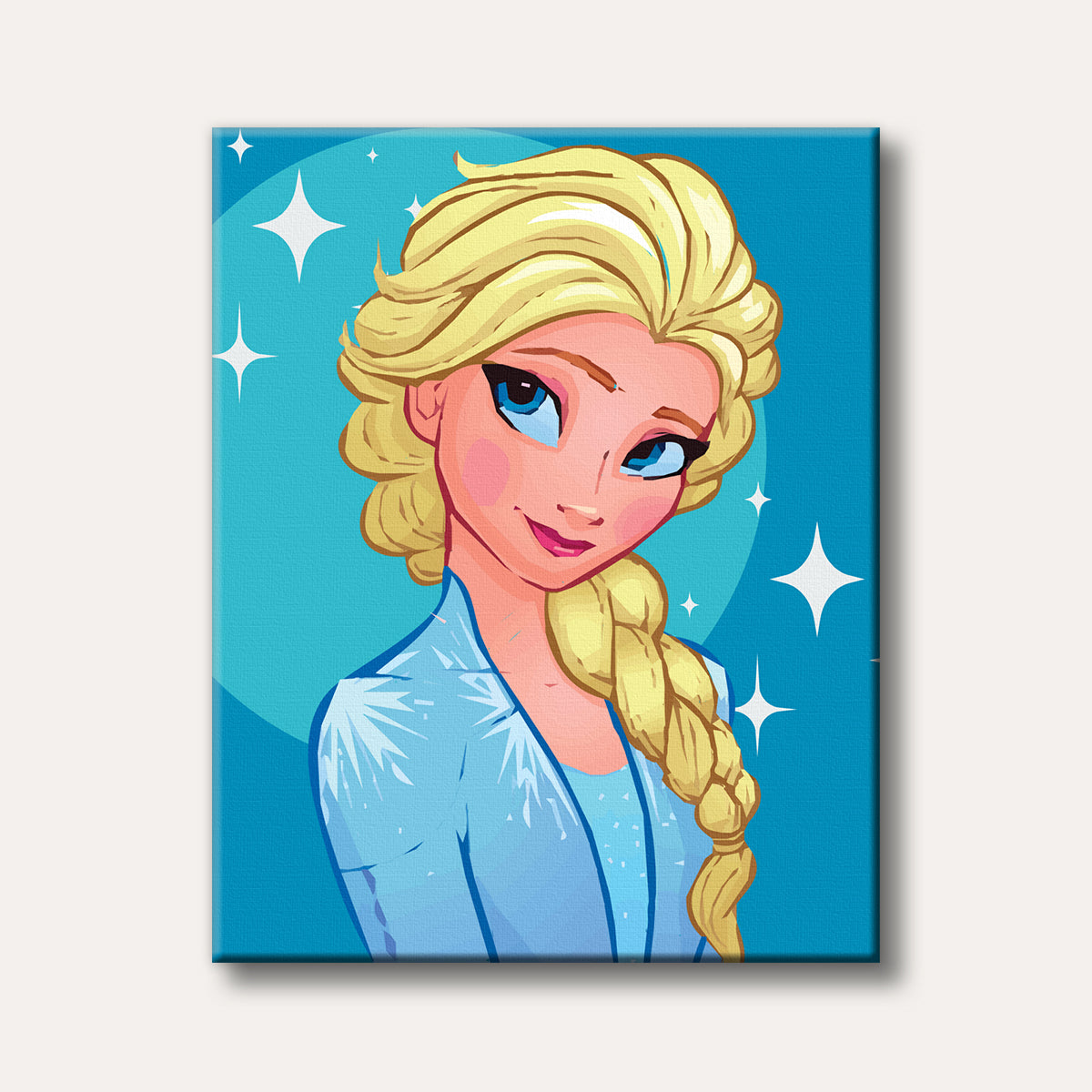 A stylized cartoon portrait of a blonde woman with blue eyes and a braid, smiling gently against a sparkling blue background, rendered in a clean digital art style.
