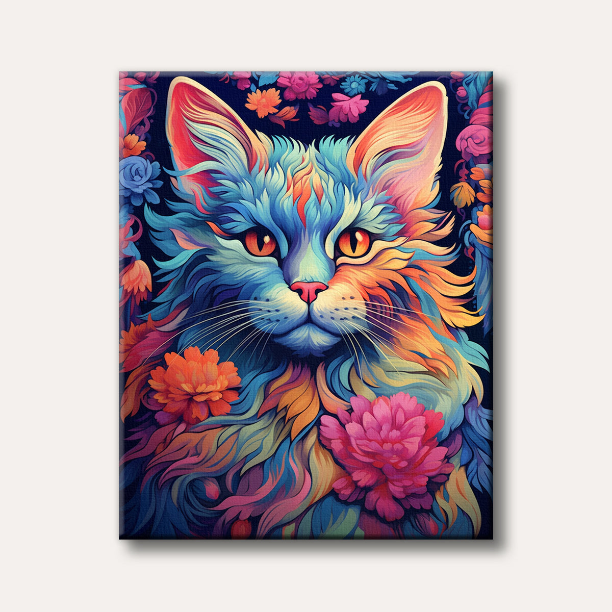 A close-up portrait of a vibrant, multi-coloured cat with bright orange eyes, surrounded by vivid floral elements, painted in a stylized, artistic manner.